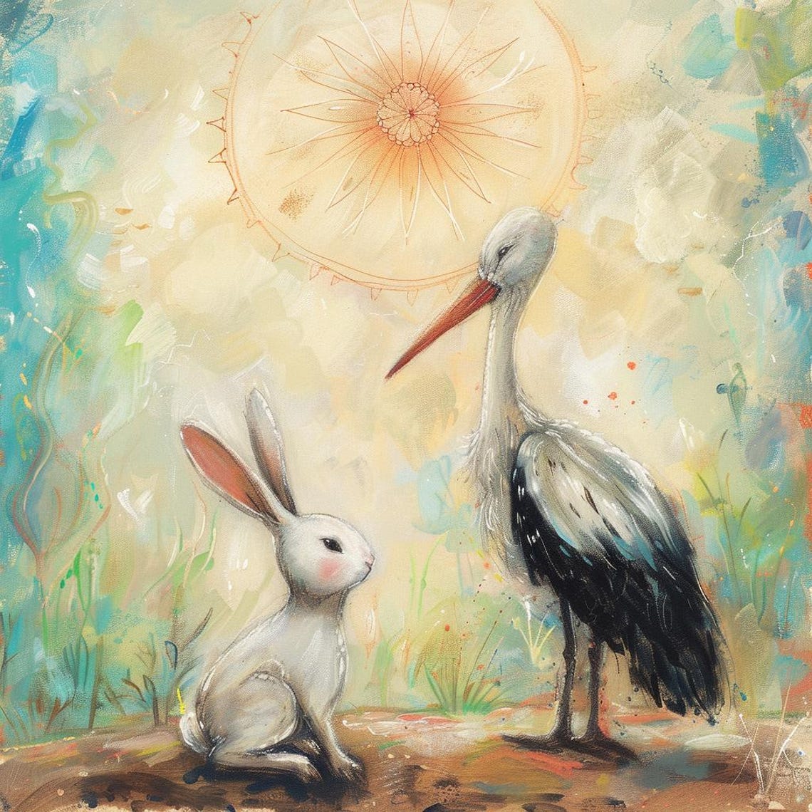 White Hare and Stork Facing Each Other Dreamy Pastel Painting Poster - Image 2
