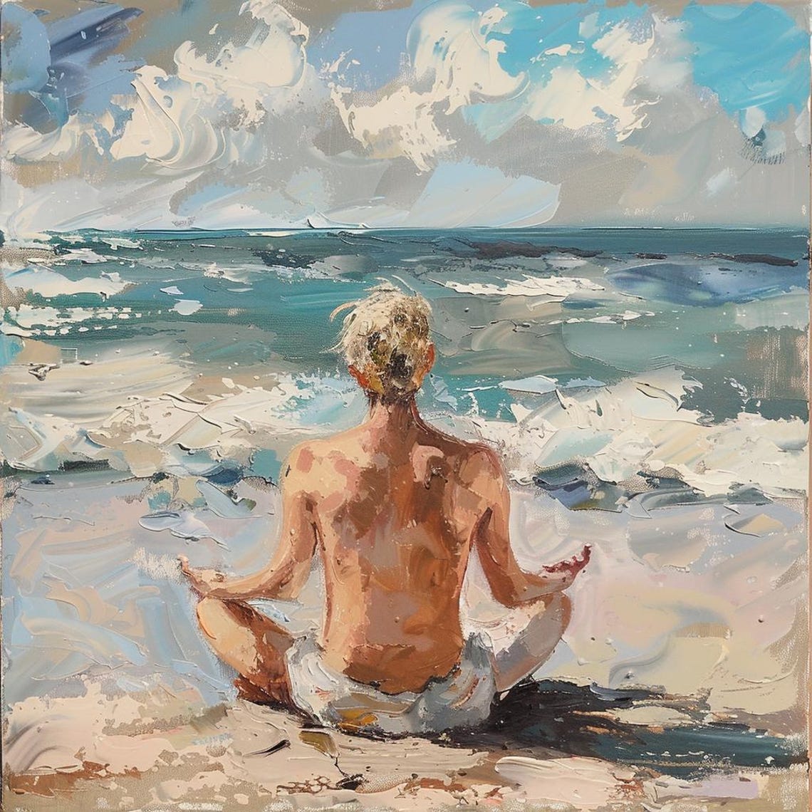 Woman Meditating On Beach Facing Ocean Serene Canvas Art Poster - Image 2