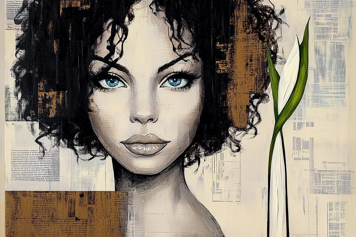 Look At Me Blue Eyed Curly Haired Woman Collage Portrait Poster - Image 2