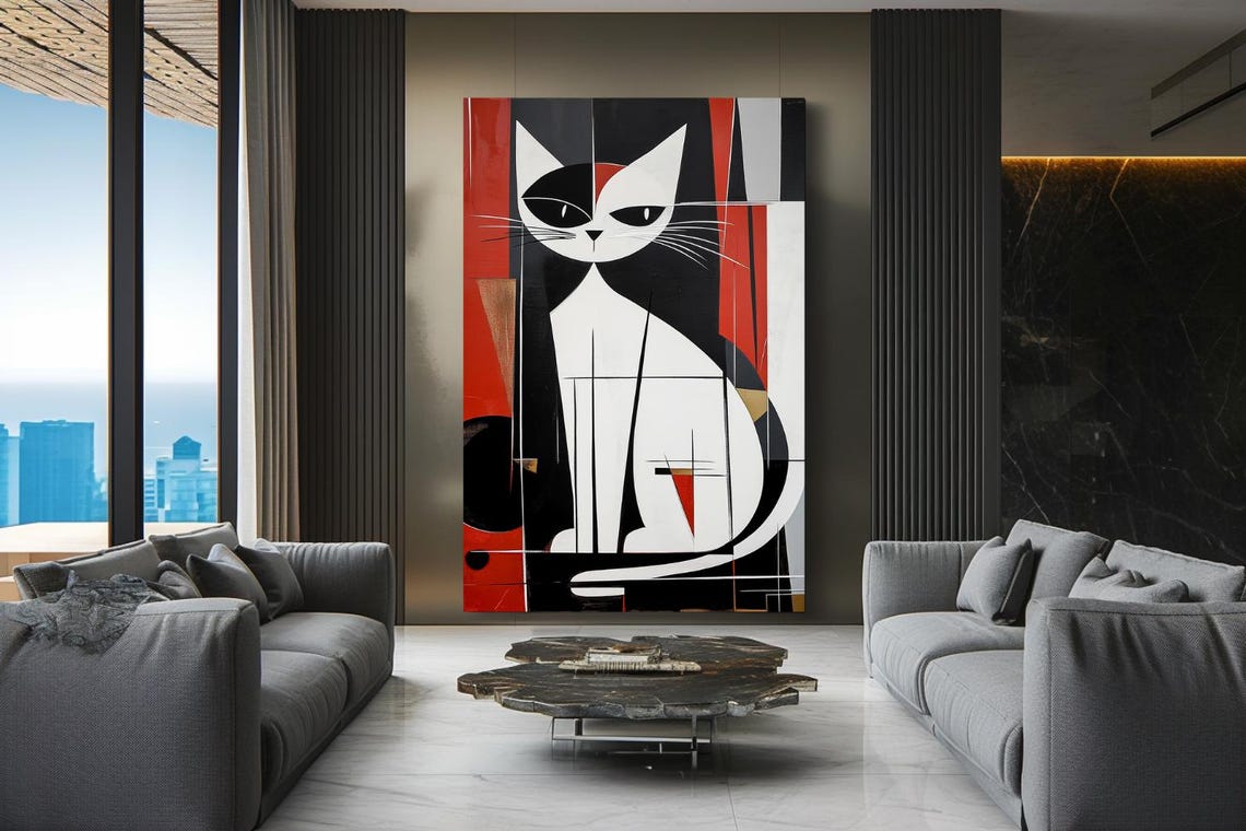 Geometric White Cat Face in Red and Black Abstract Painting Poster - Image 3