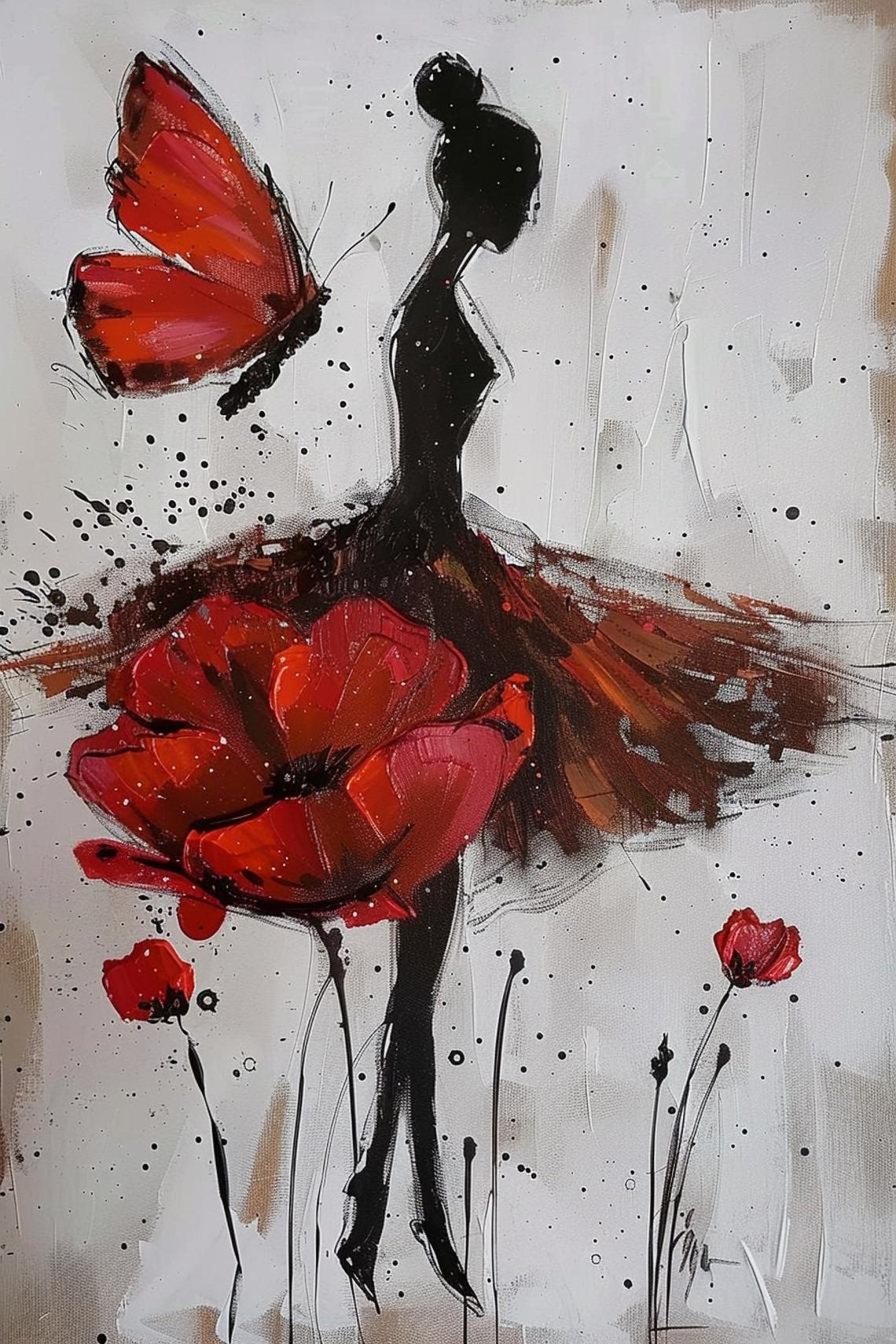 Dancer with Red Butterfly and Poppy Skirt Silhouette Painting Poster - Image 2