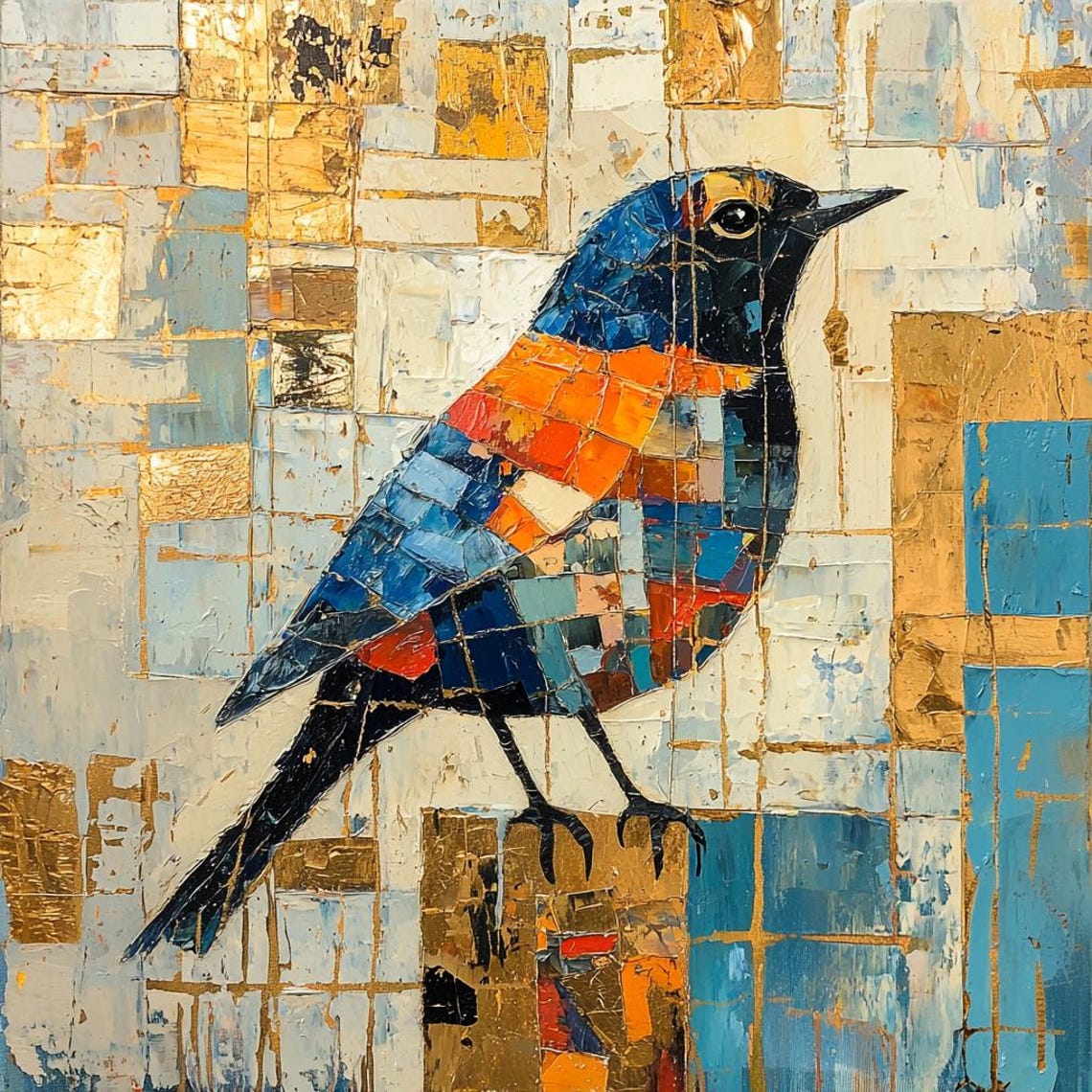 Colorful Mosaic Songbird On Blue Gold Patchwork Abstract Poster - Image 2