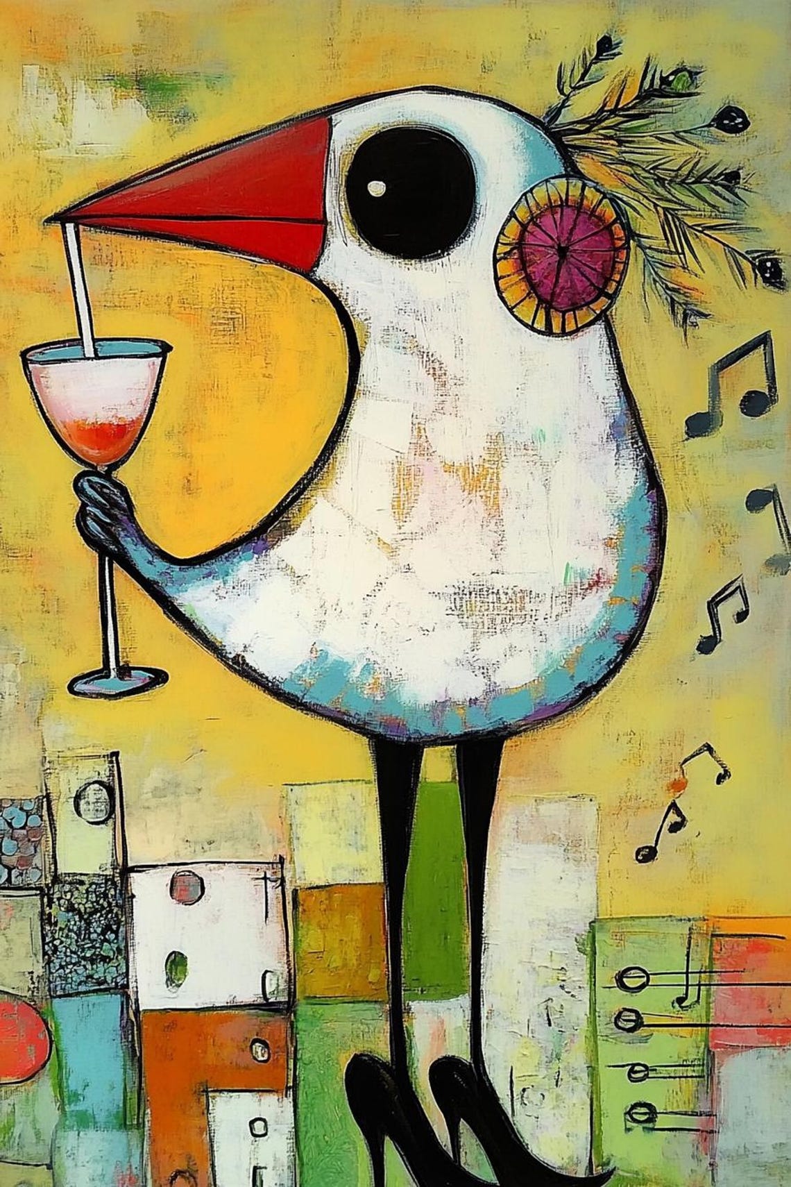 Whimsical Bird Holding Cocktail With Music Notes Yellow Poster - Image 2