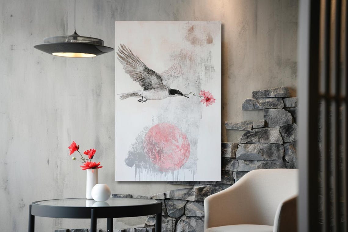 Swallow Carrying Pink Flower Over Red Sun Minimalist Ink Poster - Image 2