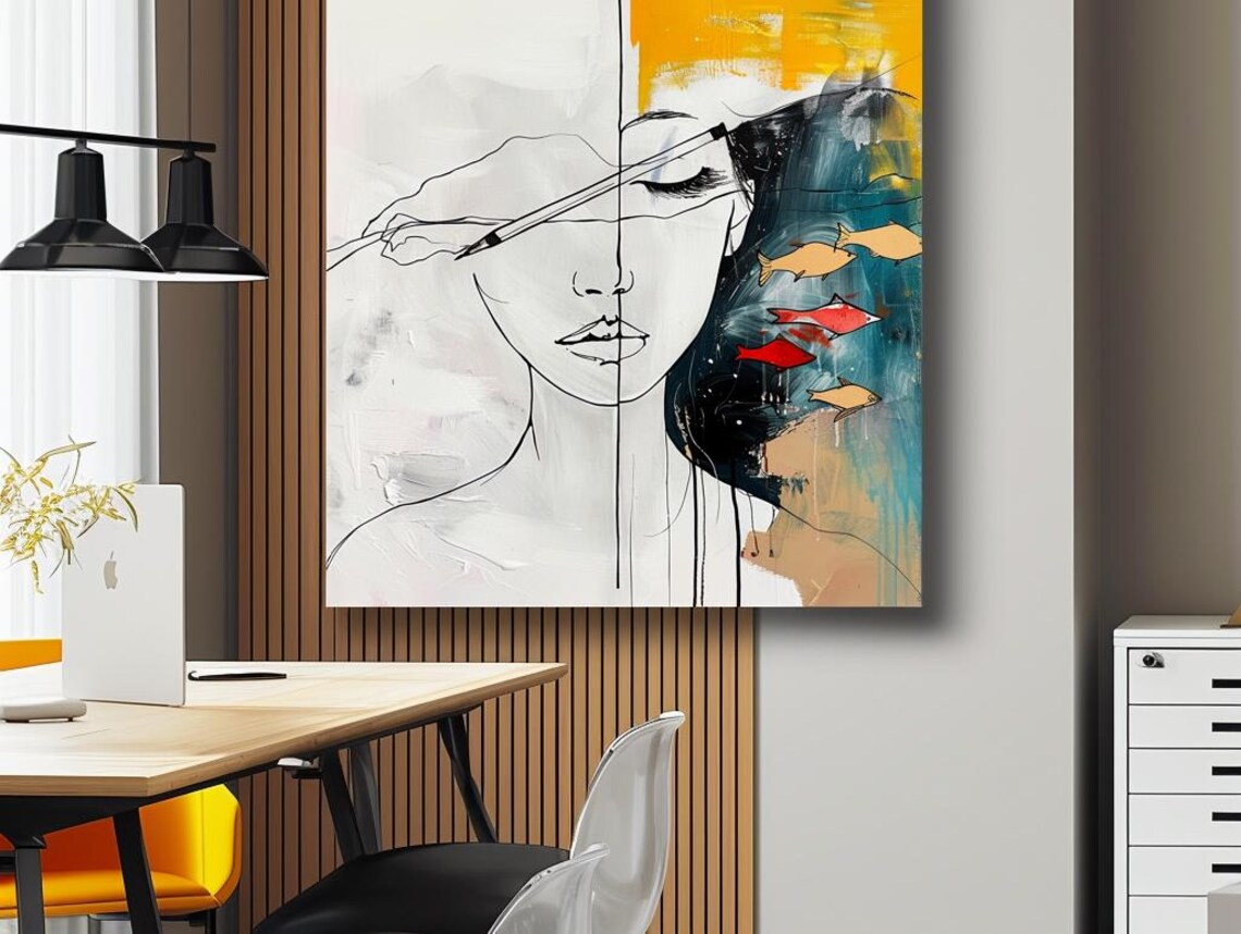 Deepth Line Art Woman Face With Swimming Fish Abstract Poster