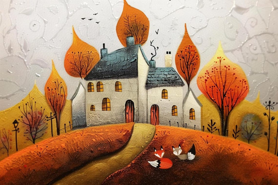 Cottage In Autumn Woods With Foxes Cozy Fall Landscape Poster - Image 2