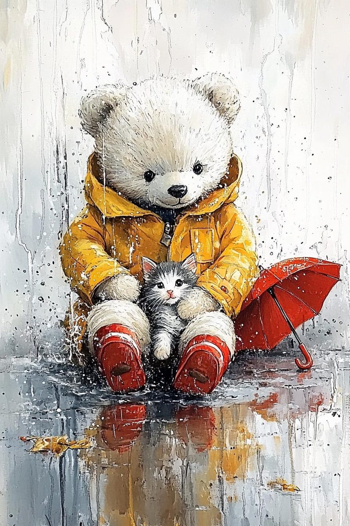 "We Are Together" Teddy Bear In Raincoat Holding Kitten Poster - Image 2