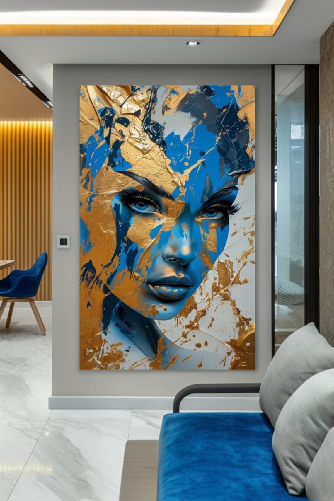 Bold Blue And Gold Abstract Woman Portrait With Blue Eyes Poster