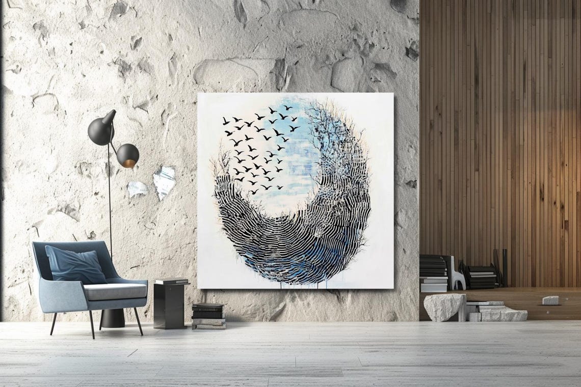 Flock Of Birds Flying Inside An Ink Brush Circle Abstract Poster - Image 3