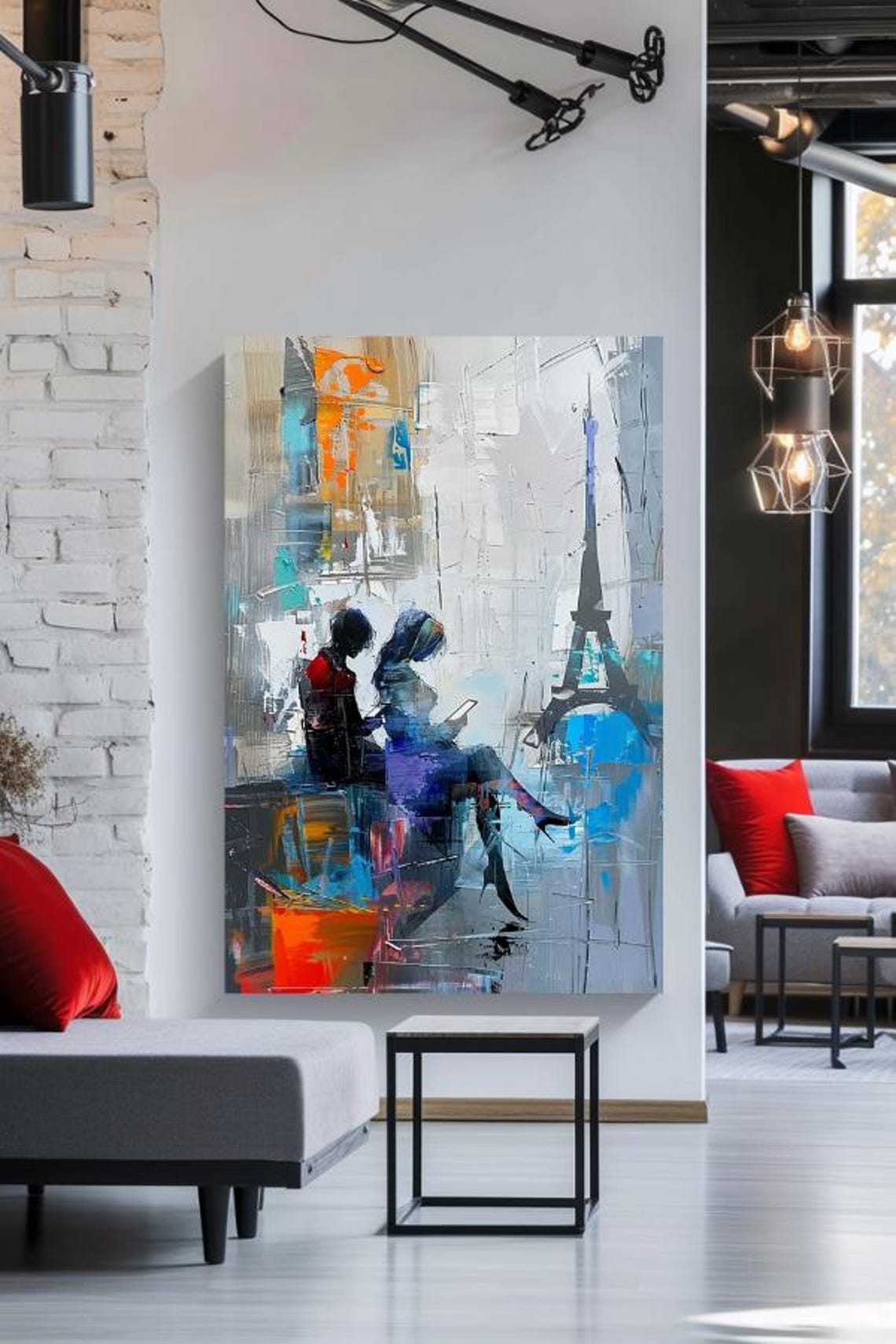 Abstract Paris Couple Scene With Eiffel Tower In Vivid Colors Poster