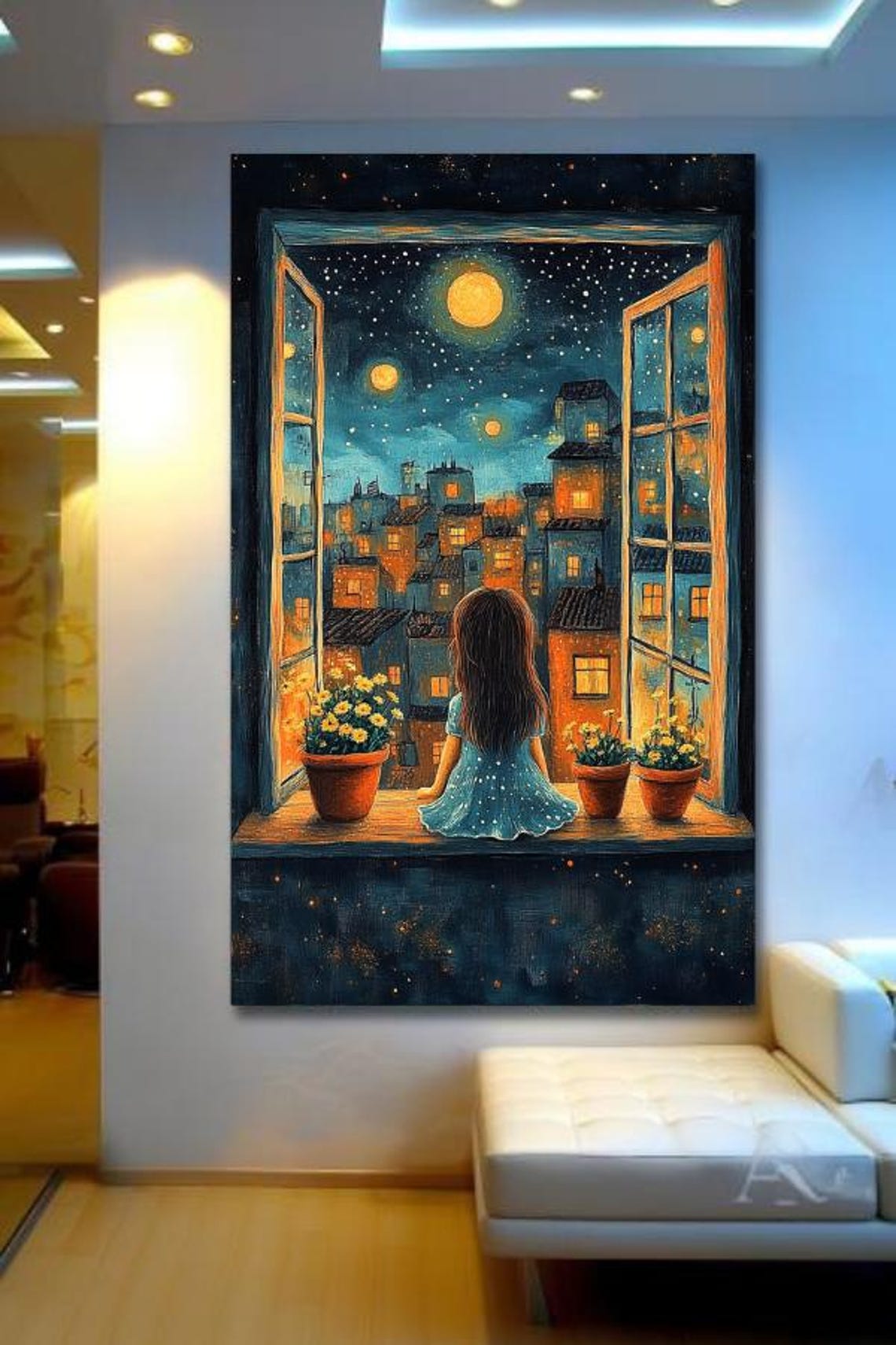 Night Dreams Girl At Window Overlooking A Moonlit City Poster - Image 3