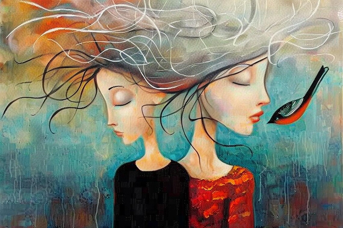 Double Portrait Of Two Women Merging With Bird Teal Art Poster - Image 2