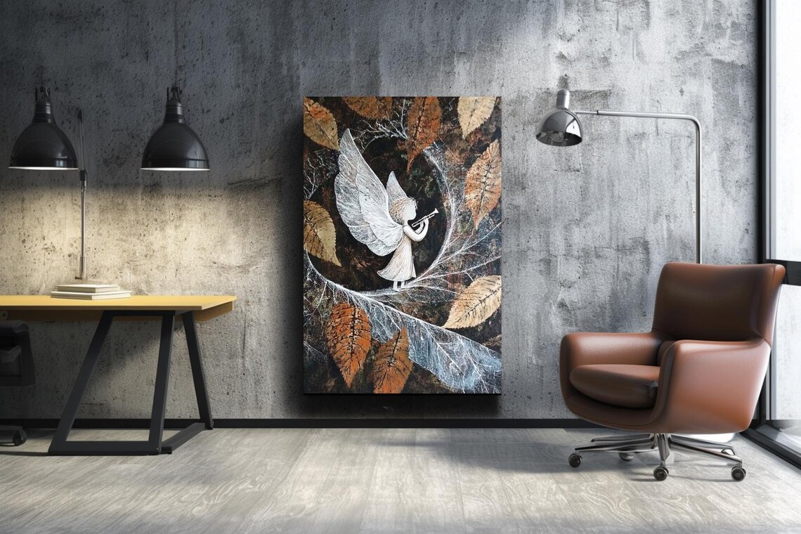 Angel With Trumpet Among Autumn Leaves Dark Decorative Poster - Image 2