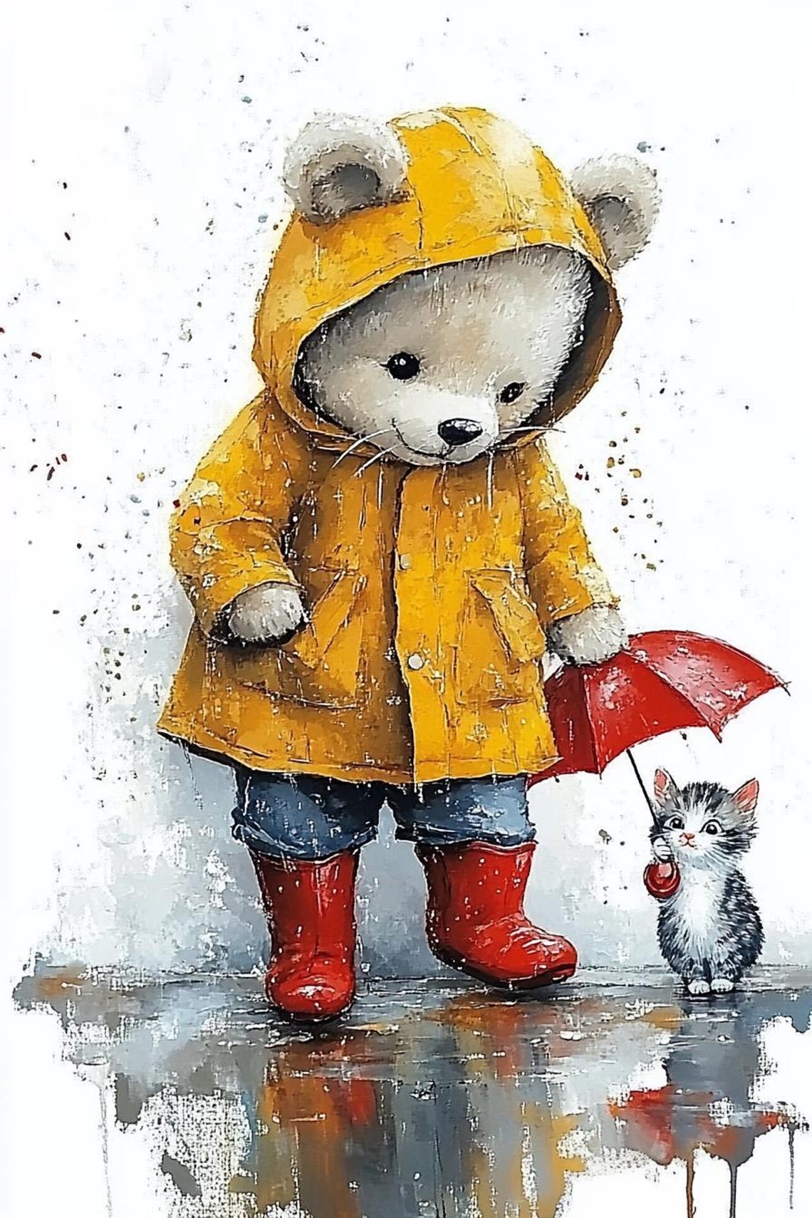 Teddy Bear Sharing Umbrella with Kitten in the Rain Cute Poster - Image 2