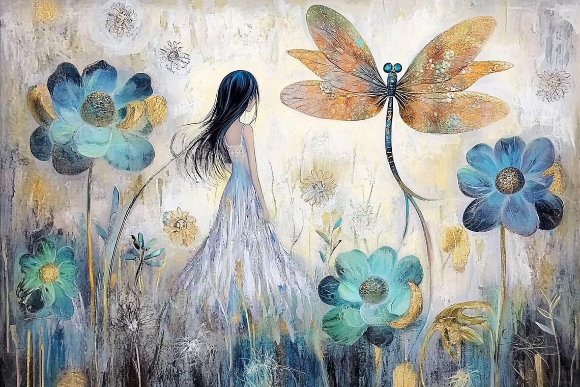 Girl In White Dress Among Blue Flowers And Golden Dragonfly Poster - Image 2