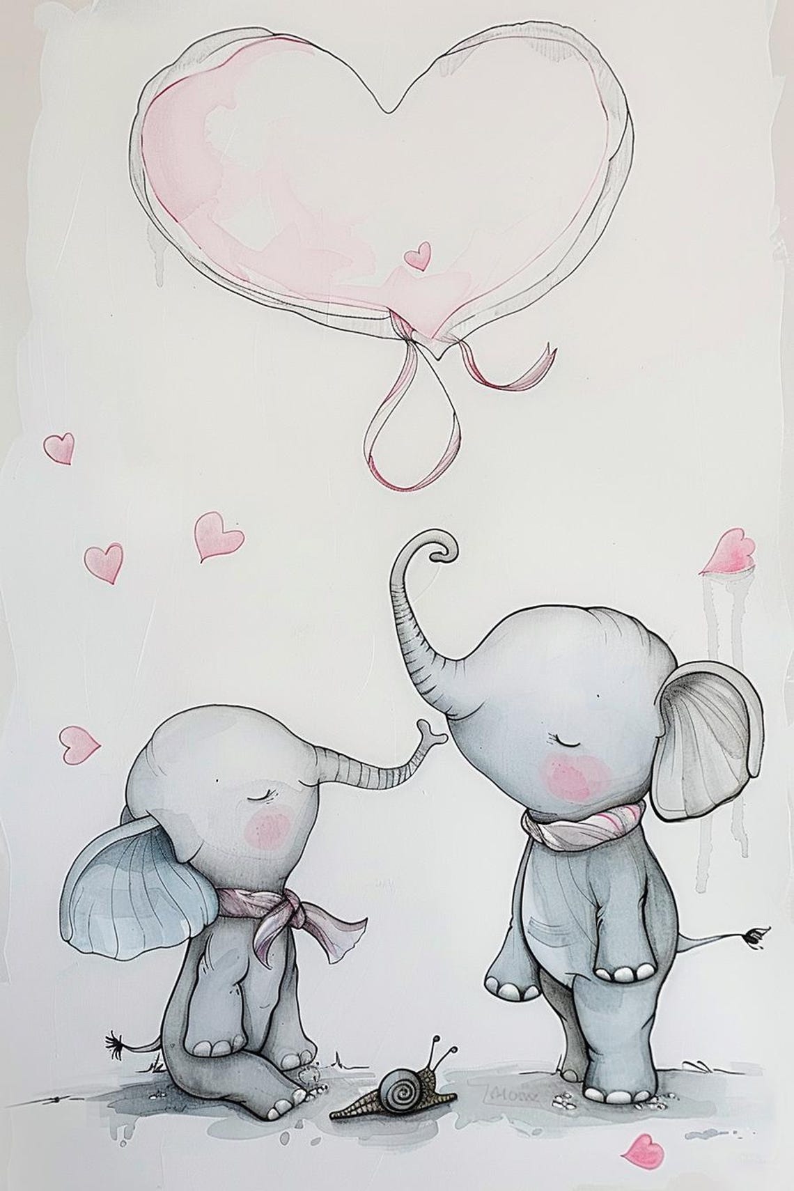 Two Baby Elephants With Pink Heart Balloon Nursery Art Poster - Image 2