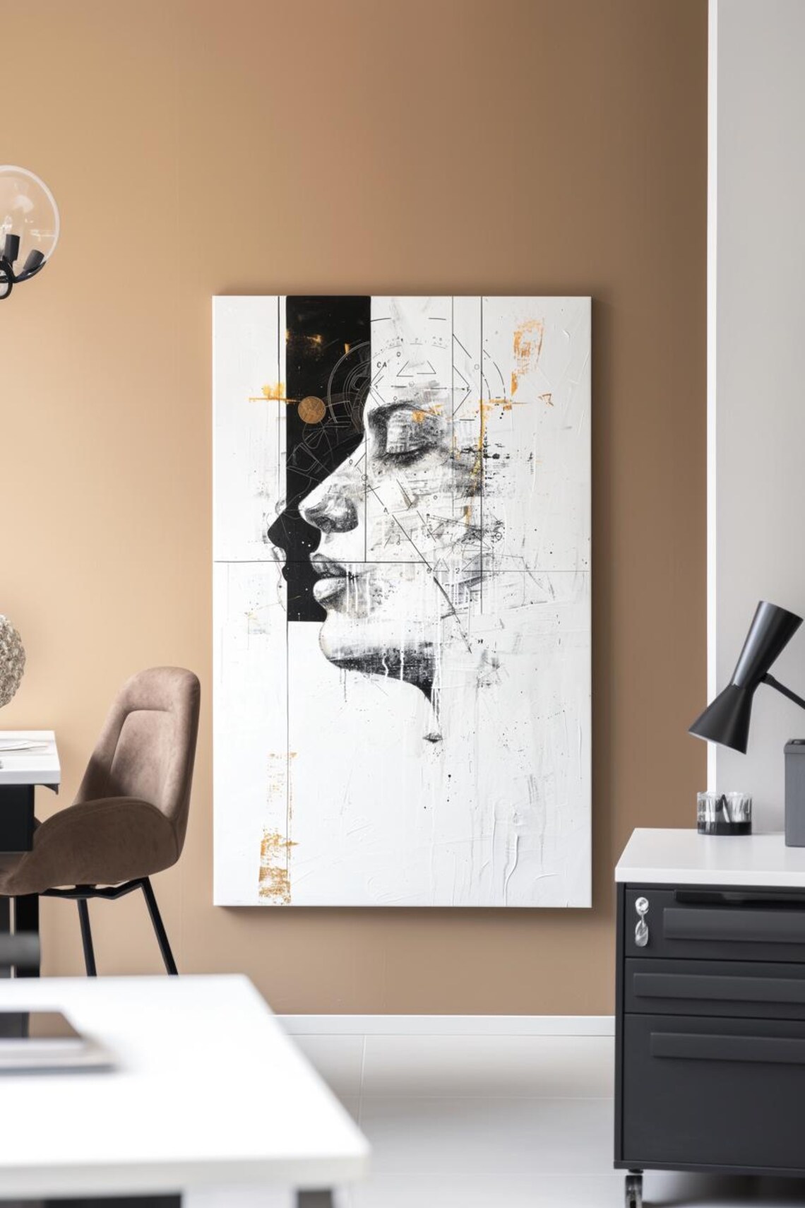 Black And White Line Art Woman Portrait With Gold Accents Poster - Image 3