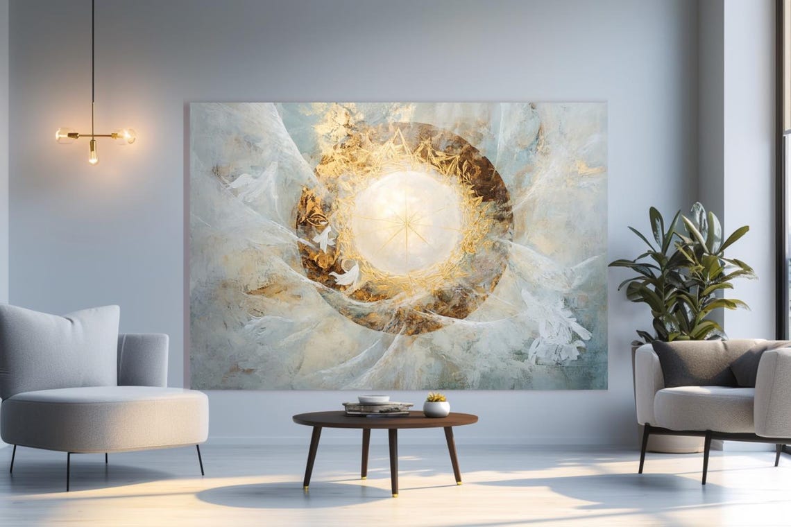 Radiant White And Gold Circle Portal With Dove Ethereal Poster - Image 3
