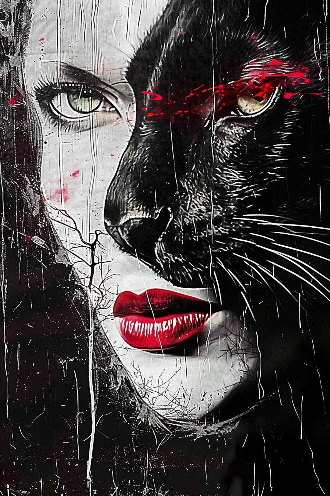 Woman and Black Panther Split Face Red Black Modern Art Poster - Image 2