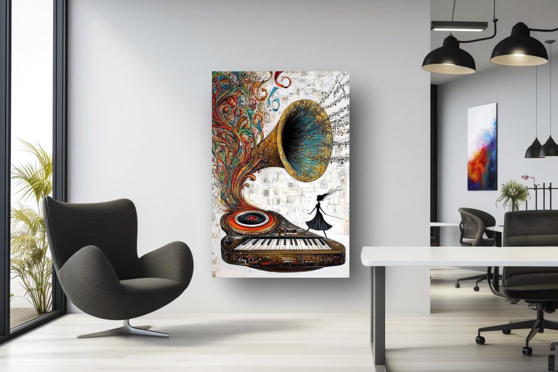 Whimsical Gramophone With Swirling Colors And Piano Keys Poster - Image 2