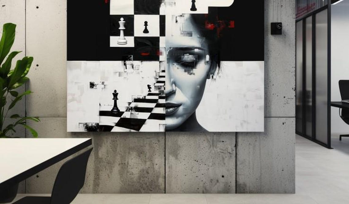 Woman's Face Merging With Chessboard Black White Mind Poster