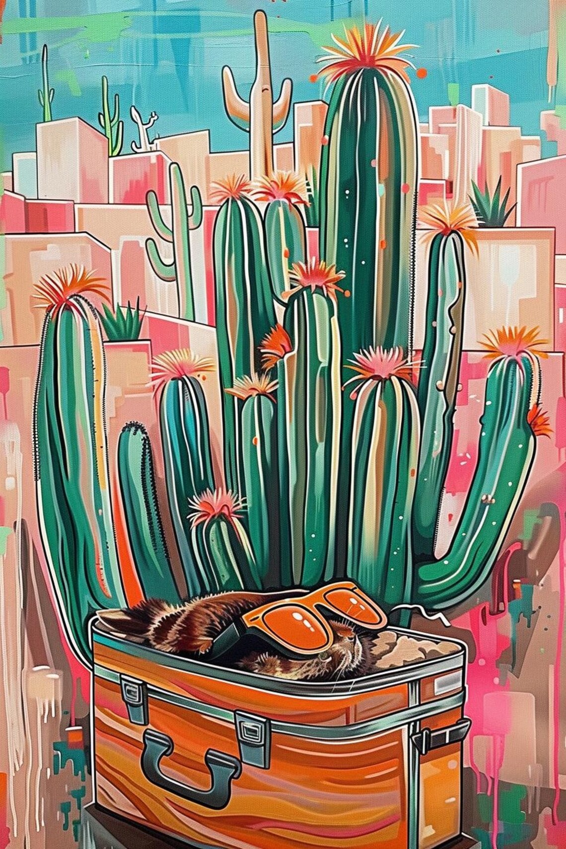 Blooming Cactus Garden With Orange Suitcase And Sunglasses Poster - Image 2