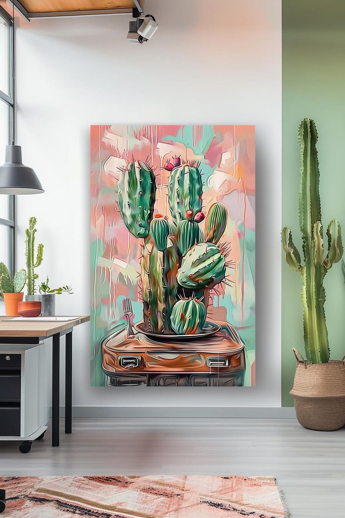 Cactus In Suitcase Pink Teal Quirky Botanical Abstract Poster