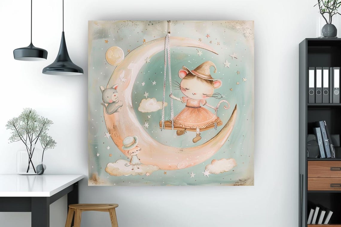 Cute Mouse Girl On Moon Swing Pastel Nursery Kids Room Art Poster - Image 2