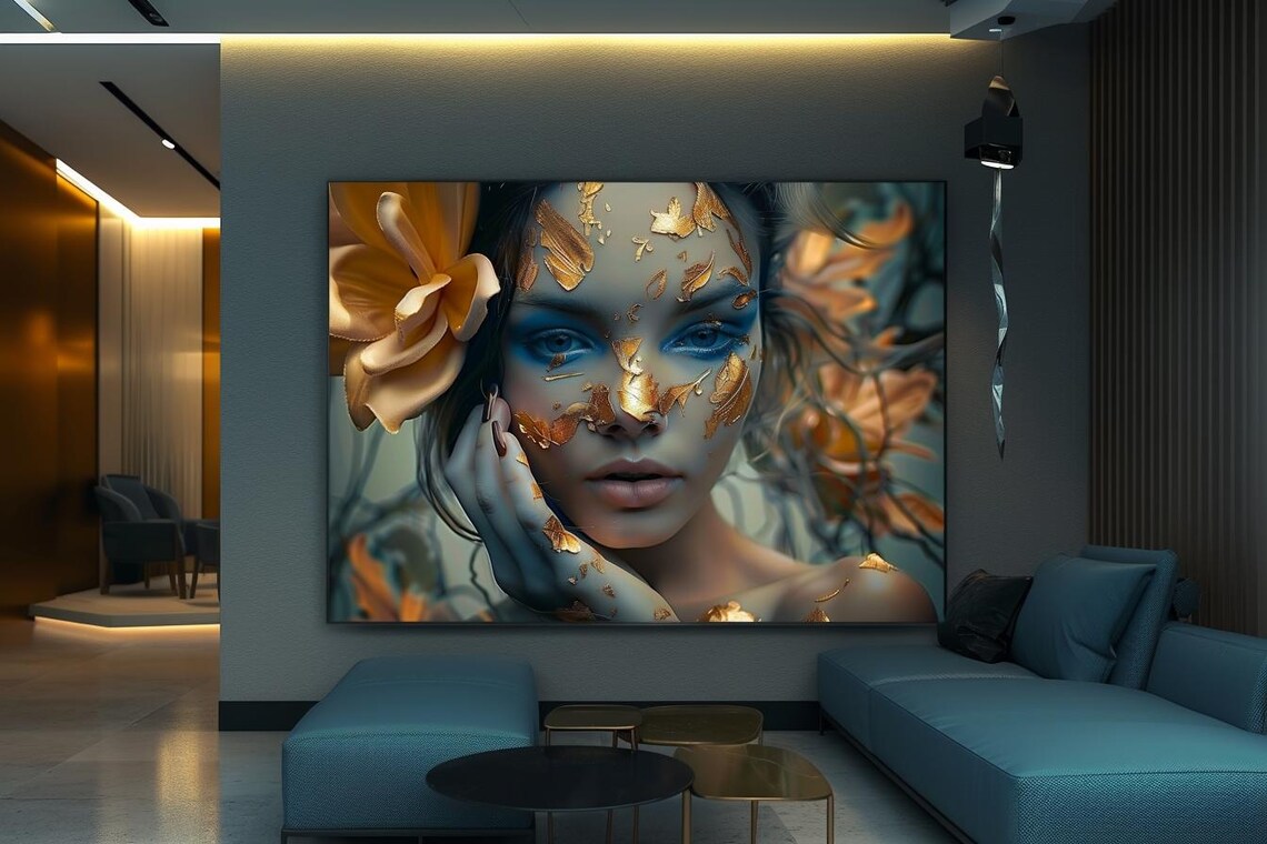 Woman Face With Gold Leaf Flakes And Peach Rose Floral Poster