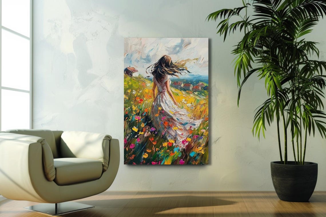 Woman In White Dress Walking Through Wildflower Field Poster - Image 3