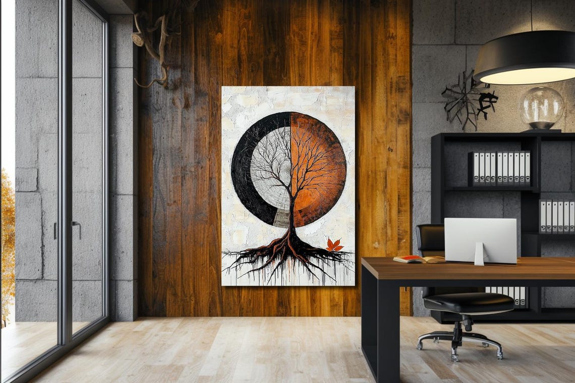 Tree Of Life In Split Black And Orange Circle Abstract Poster