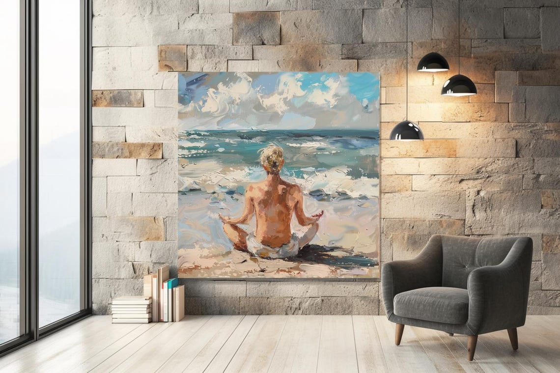 Woman Meditating On Beach Facing Ocean Serene Canvas Art Poster - Image 3