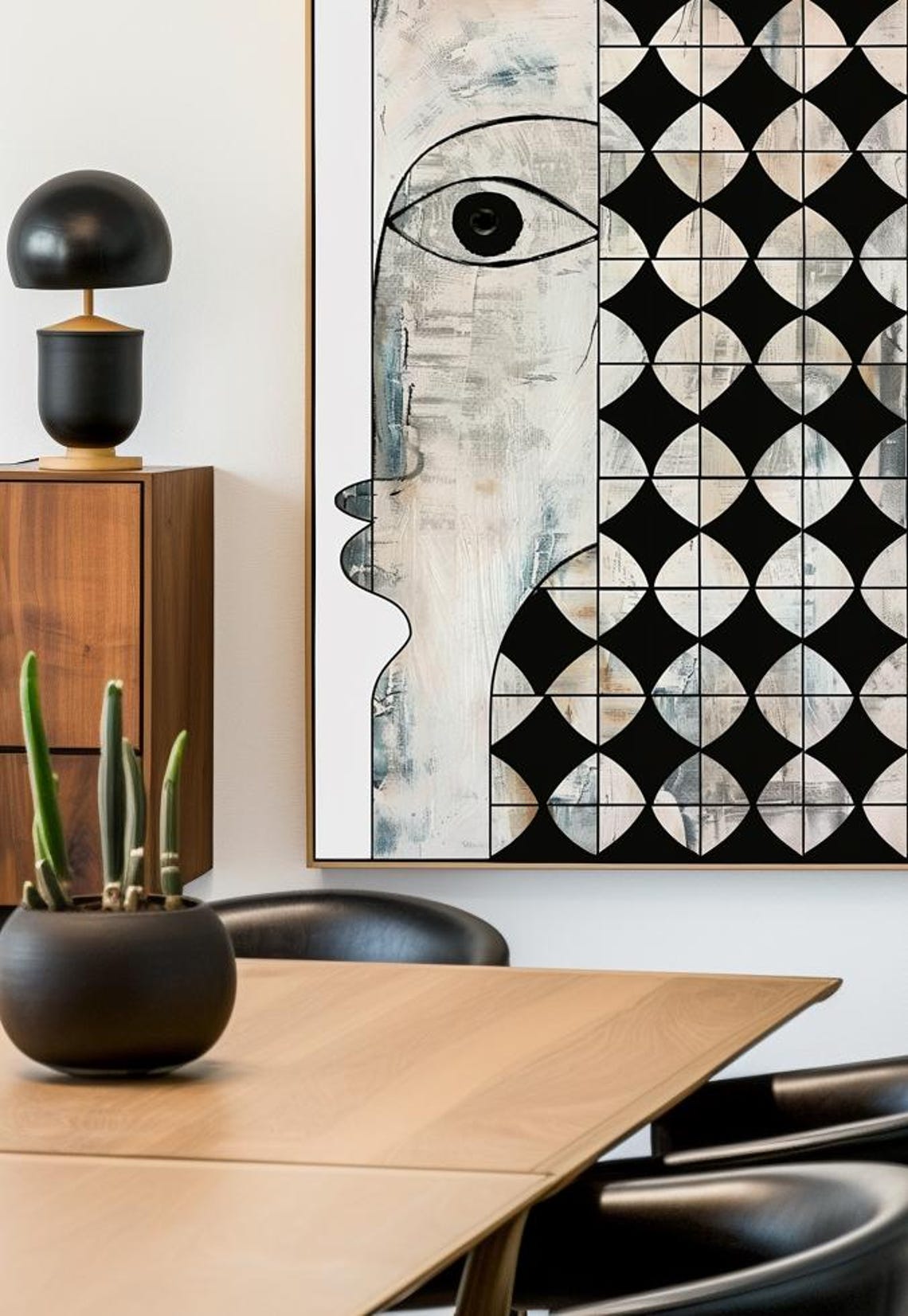Line Art Face Beside Black and White Geometric Lattice Art Poster - Image 3