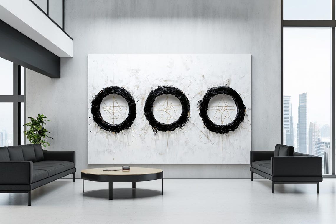 Three Black Enso Circles With Gold Lines Minimalist Abstract Poster