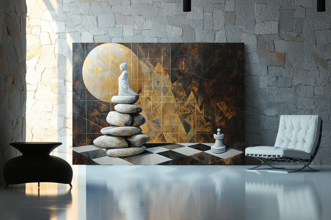 Woman Atop Stone Cairn Beneath Giant Moon Surreal Painting Poster