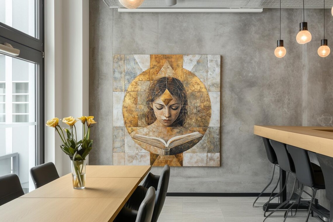 Woman Reading Open Book With Golden Halo Sacred Decor Art Poster