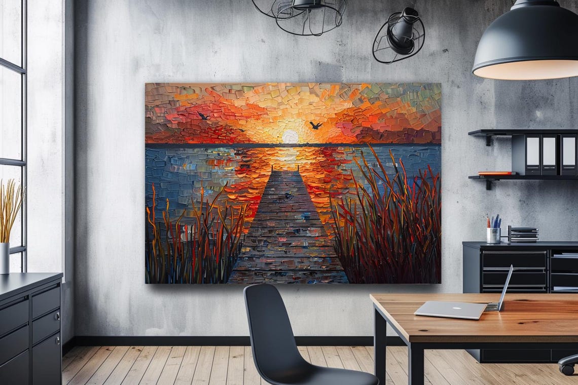 Sunset Over Lake With Wooden Dock Path Impasto Style Art Poster - Image 3