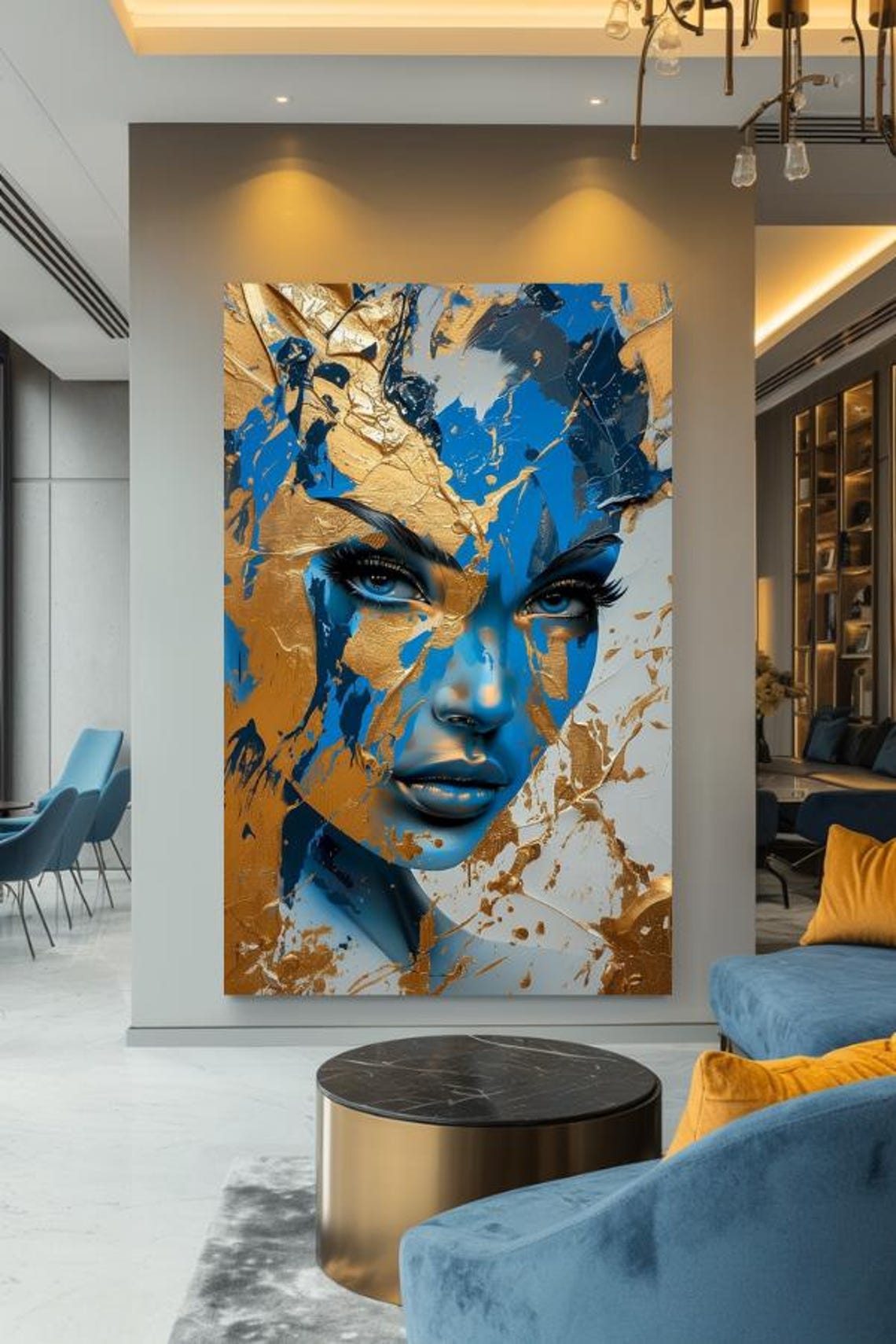 Bold Blue And Gold Abstract Woman Portrait With Blue Eyes Poster - Image 3