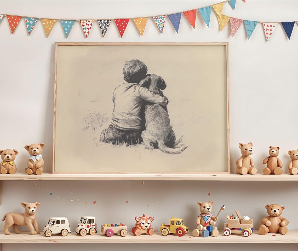 Little Boy Hugging Dog Vintage Pencil Sketch Nursery Poster Back View Art