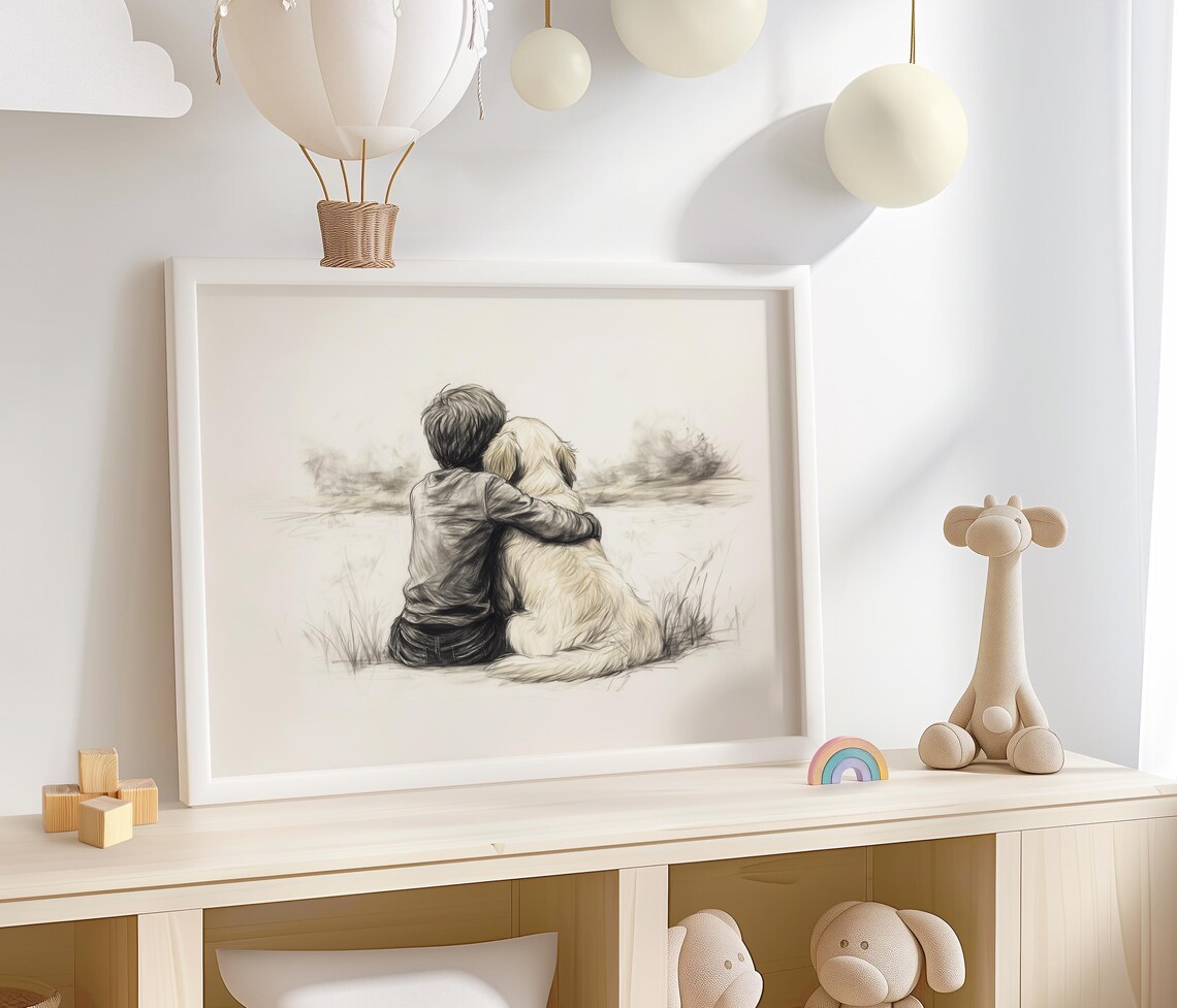 Boy and Golden Retriever Sitting in Grass Pencil Sketch Wall Art