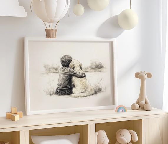 Boy and Golden Retriever Sitting in Grass Pencil Sketch Wall Art