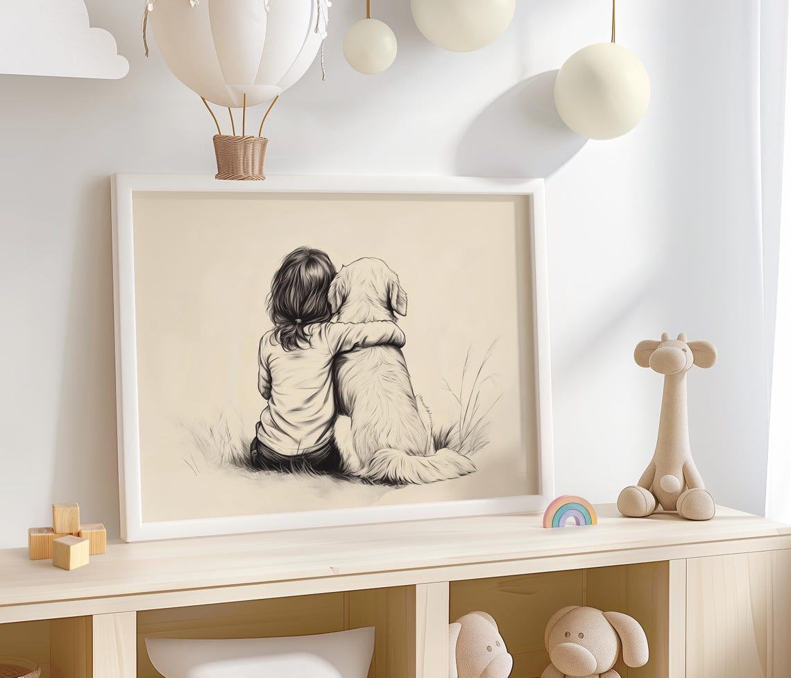 Little Girl Golden Retriever Art Puppy Nursery Kids Room Decor Dog Sketch Retro Drawing Vintage Poster Girls 636