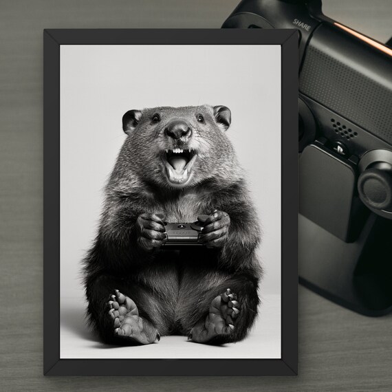 Funny Beaver Poster Beaver With Controller Gamer Gift Humorous Animal Art Wall Decor For Gaming Rooms