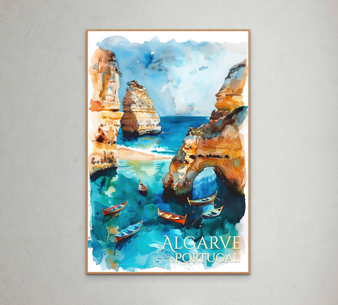 Algarve Coastline Art Print Colorful Seaside And Fishing Boats Portuguese Beach Decor Vibrant Watercolor Landscape