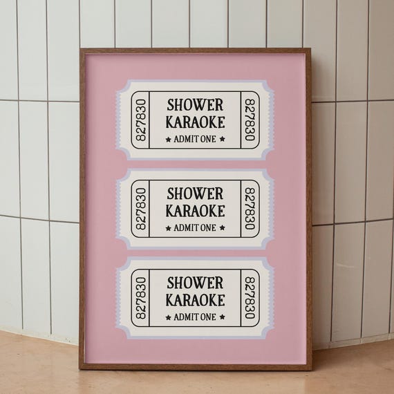 Shower Karaoke Ticket Print Bathroom Retro Pink Purple Singing Funny Wall Art Vintage Trendy Home Decor