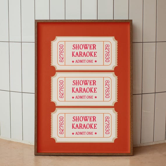 Shower Karaoke Ticket Print Bathroom Retro Red Orange Singing Funny Wall Art Vintage Trendy Home Decor