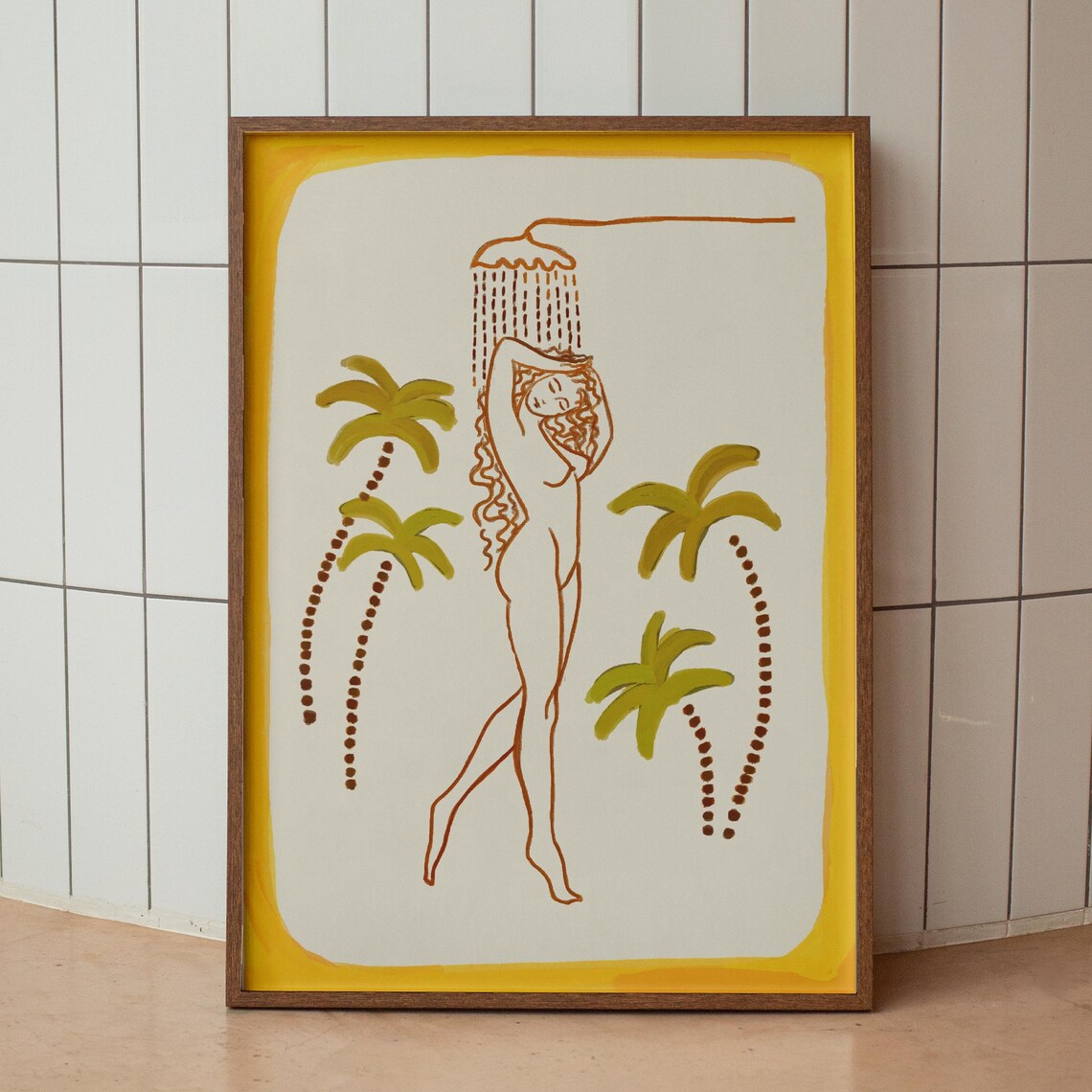 Green Tropical Cute Bathroom Wall Art Funny Print Trendy Minimalist Preppy Decor Hand Drawn
