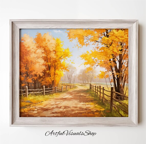 Autumn Country Road With Wooden Fences Golden Trees Scene Poster