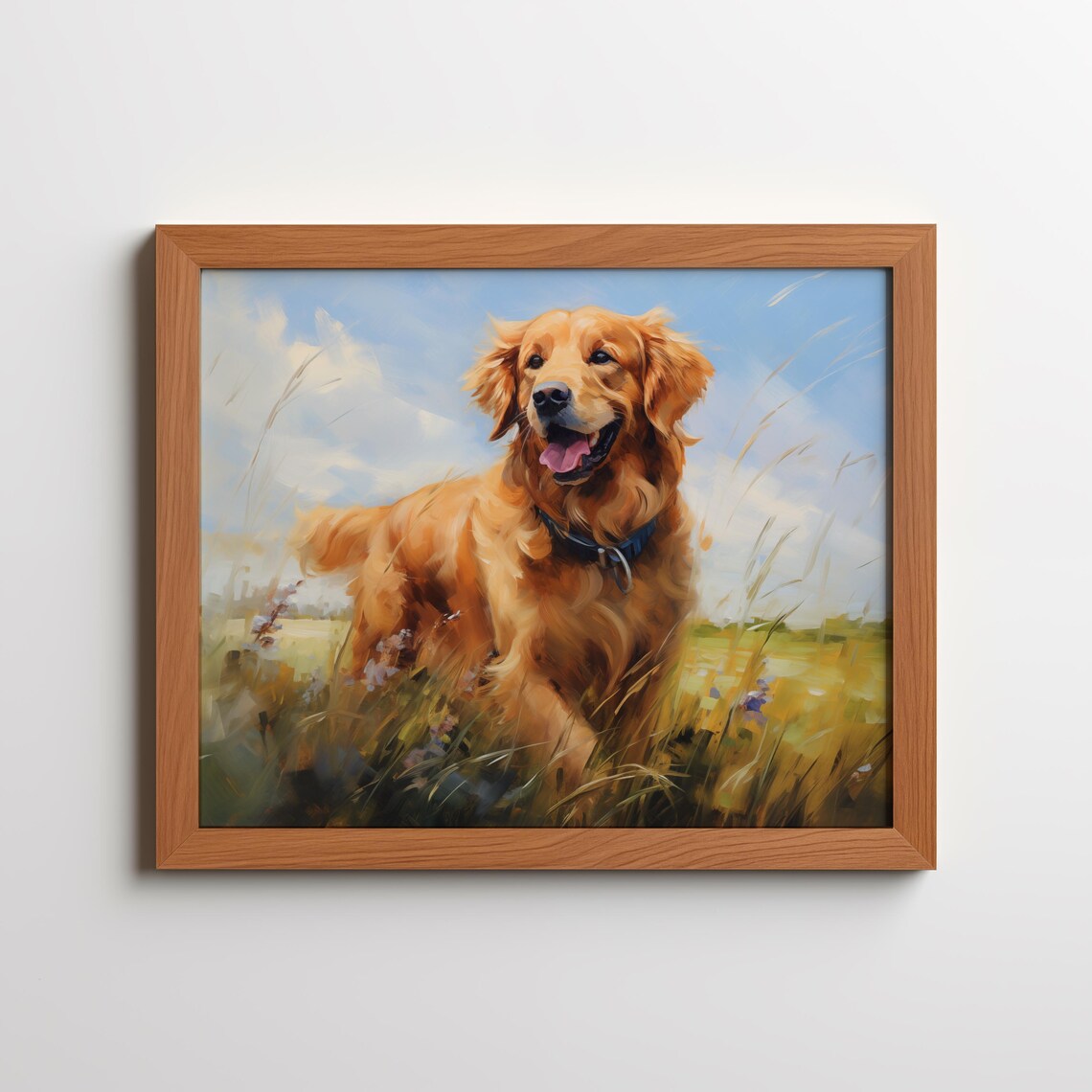 Golden Retriever Running Through Wildflower Meadow Pet Art Poster