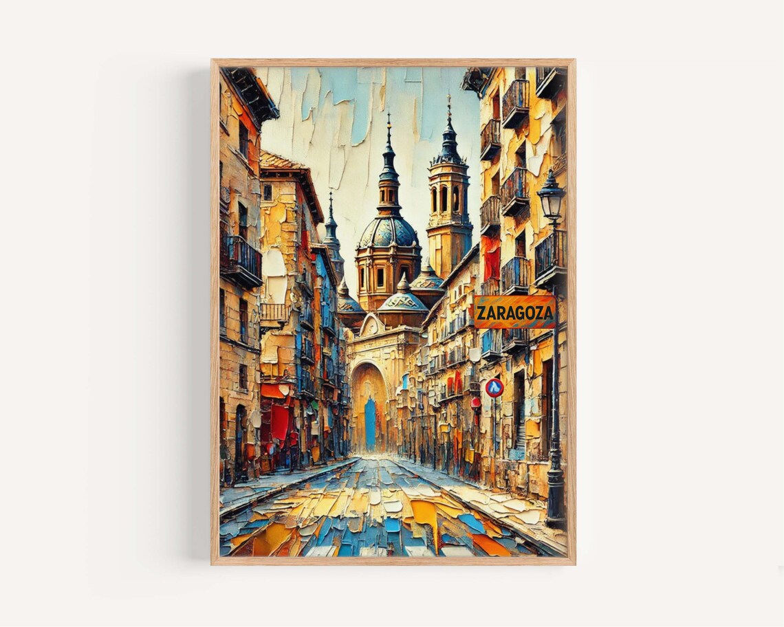 Zaragoza Spain Old Town Street Cubist Colorful Travel Poster